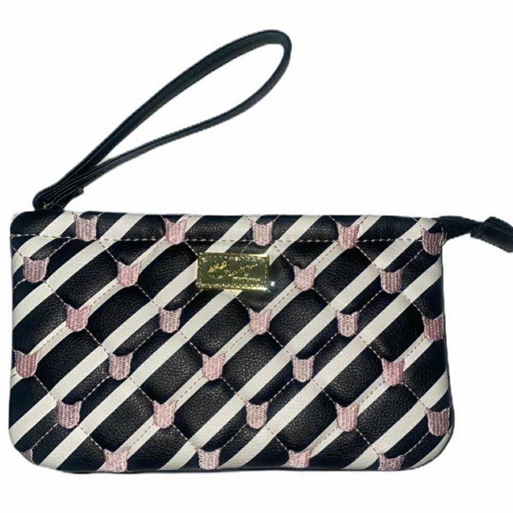 Betsey Johnson Double Pouch Wristlet Wallet Cats Black White Stripes New w/ Tags - Picture 4 of 16